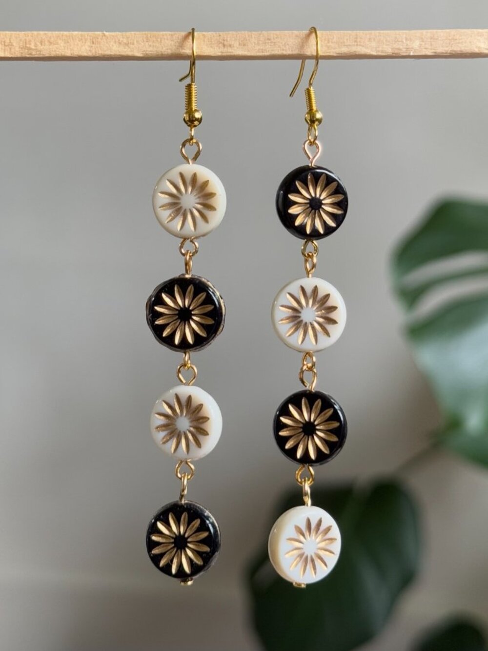 handmade earrings with black & white czech round beads and gold accents
